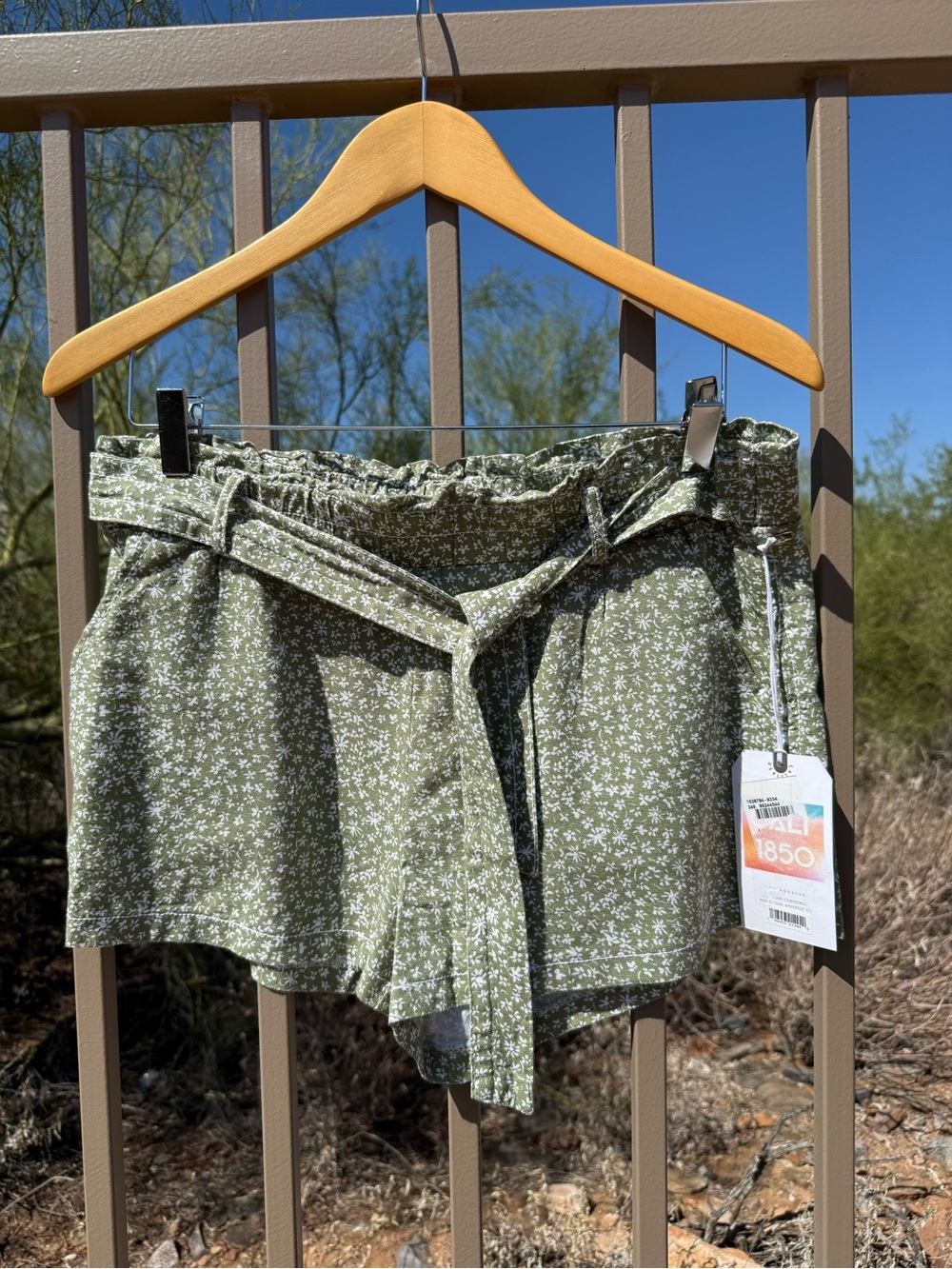 Cali1850 NWT Olive Green High-Waist Paperbag Shorts with Self-Tie Belt